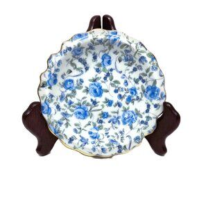 Vintage Royal Crown Chintz Trinket Dish Saucer 2179 Blue Flowers Gold Gilt 4.5"